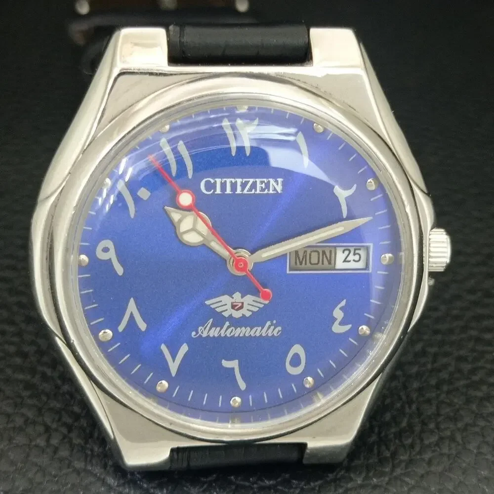 Vintage 1984 Citizen Automatic Mens Silver Watch W/daydate & Blue accents